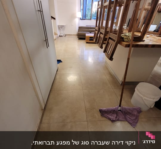 רצפה נקייה עם מגב ודלי בחדר מואר